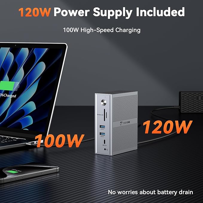 TobenONE DisplayLink Docking Station 3 Monitors, 14-in-1 Triple Monitor Dock for M1-M5 MacBook/Mac mini, Windows, Chrome (3HDMI, 120W Power Supply, 5 USB, Home Office & Professional Workspace