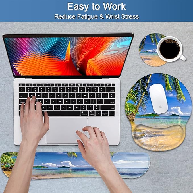 Keyboard Wrist Rest and Mouse Pad Wrist Support Set with Coasters, Non-Slip PU Base Ergonomic Gaming Mousepad for Home Office Working Studying Easy Typing & Pain Relief, Shore Palms Tropical Beach