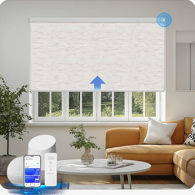 COOLWINDS Motorized Blinds with Remote Cordless Automatic Motorized Shades Custom Blinds for Windows Smart Curtains Compatible with Alexa Google Home(Blackout Linen Sandy Beach,W28 x H72in)