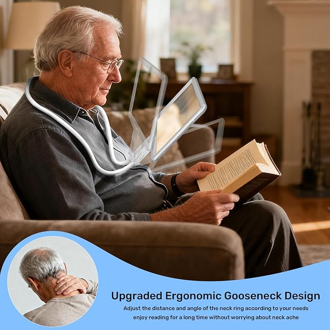 5X Neck Magnifying Glass with Light, Magnifier with Light Hands Free, Full Book Page Magnifier with 3 Light Modes, Flexible Gooseneck for Seniors Reading Low Vision (White)