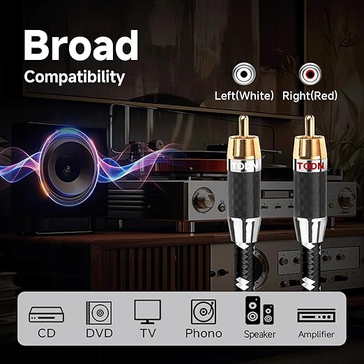 TODN HiFi RCA to RCA Audio Cables Audiophile with OFC Core for Subwoofer, Phono, Amplifiers, Speakers(6.5ft/2m, 1 Pair)