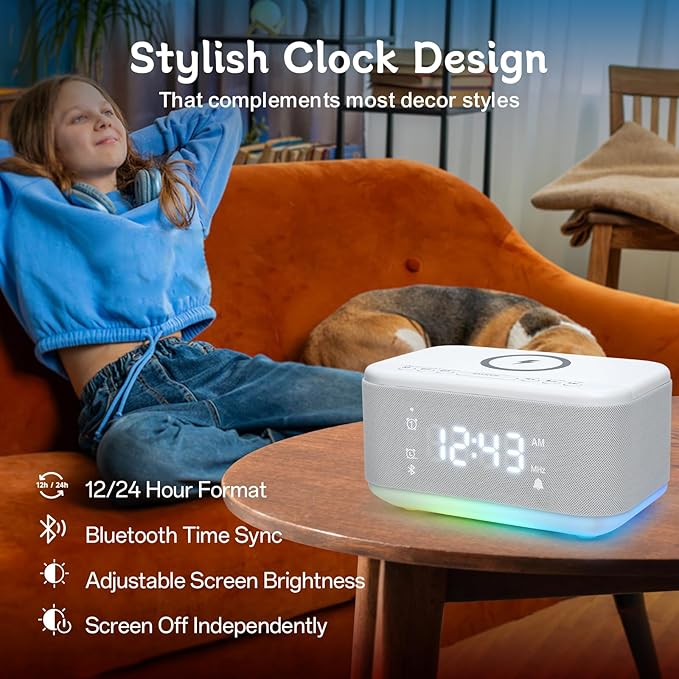 Bluetooth Alarm Clock Radio Bedroom, Digital Dual Alarm Clock Bedroom, Up to 10 Alarms Clock Night Light Speaker App/Button Control FM Charge Snooze Adjustable Brightness Dim 12/24H, White