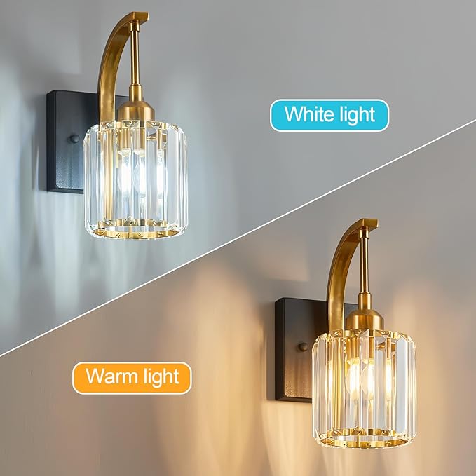 FDPBY Wall Sconces, Set of 2 Black Gold Crystal Vanity Lights, Modern Wall Lamp for Bathroom, Hallway, and Makeup, Easy Installation