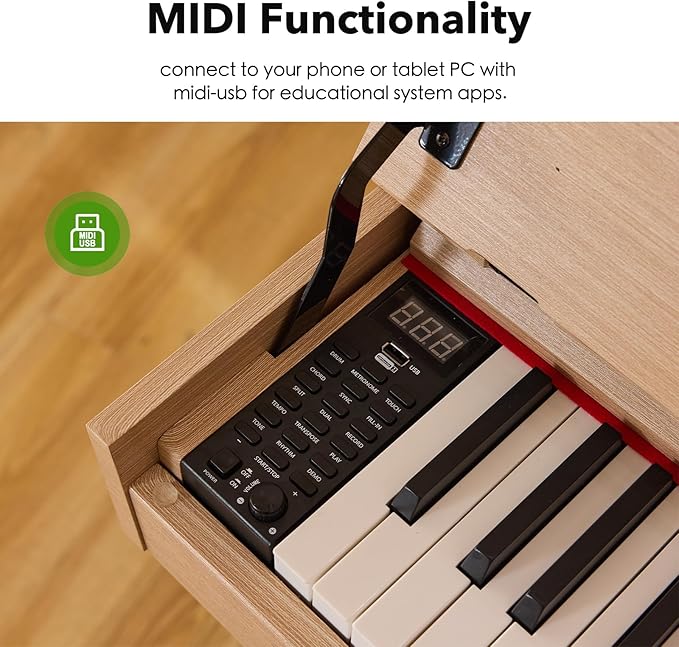 KUMENG Digital Piano 88 Key Weighted Keyboard,Full-Size Desk Progressive Hammer-Action Electric Piano For Beginners, With Sheet Music Stand, Pedal,Power Adapter, Headphone Mode, Usb-Mid (Maple)
