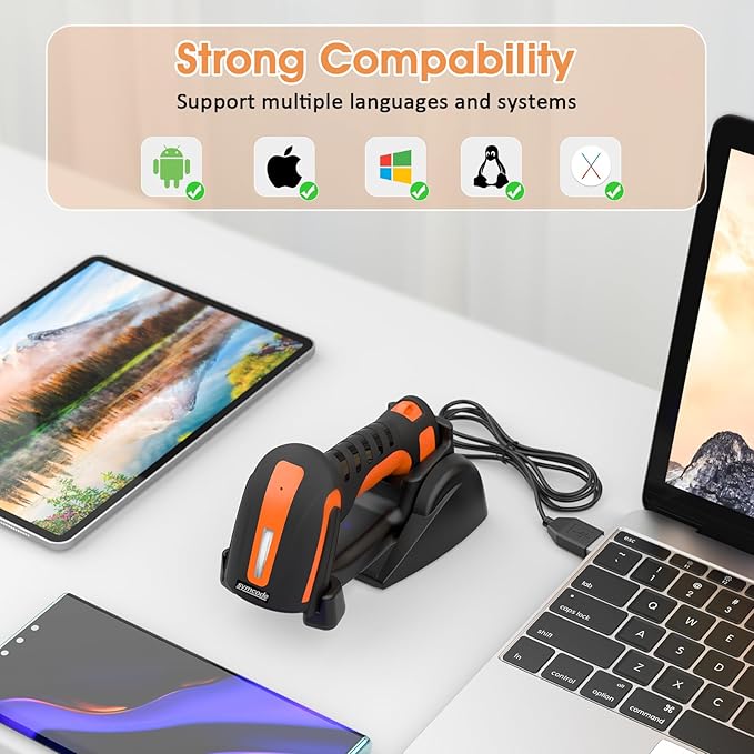 Symcode Bluetooth 2D QR Barcode Scanner with Charging Stand,Industrial Dustproof and Waterproof 3 in 1 Compatible with Bluetooth & 2.4GHz Wireless & Wired Connection with Vibration Alert Orange