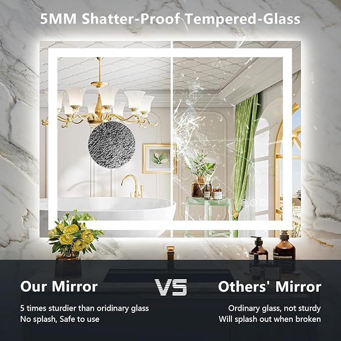YEELAIT 50x36 Inch LED Bathroom Mirror with Lights Front and Backlit Lighted Vanity Mirror for Bathroom Wall with 3 Colors Dimmable Anti-Fog Memory Shatter-Proof IP54 Waterproof Horizontal/Vertical