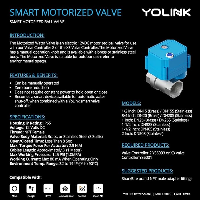 NSF Certified Pulse Meter + Shutoff Valve Kit, 1", FlowSmart Controller YS5006 Reads Meter Pulses, Real-Time Usage & Leak Detection, Auto Shutoff (D2D Offline), LoRa Long Range, Hub Included