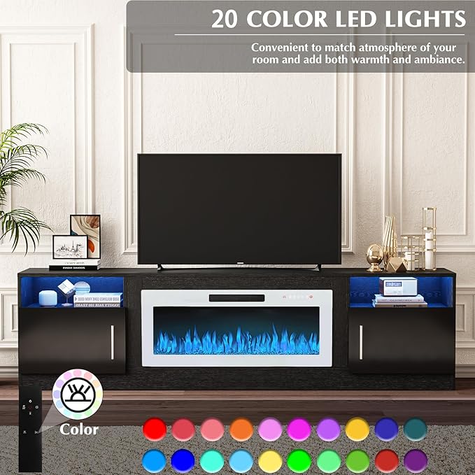 VITESSE TV Stand Fireplace with 36" inch Electric Fireplace Up to 90" TVs, LED Light Entertainment Center, 80" Modern Wood High Gloss with Highlight Storage Cabinet for Living Room (Black)