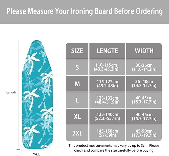 ZCFYGDX Ironing Board Covers,Elastic Edge 3 Bottom Nylon Buckle Straps, Stain Resistant & Resistant Scorch, Easy to Installation Fasteners Minimalist Palm Leaf Print Decor Size-S 14 x 45