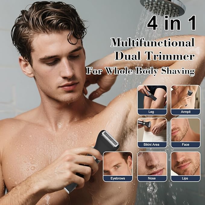Hatteker 4 in 1 Multifunctional Dual - Head Body Hair Trimmer for Men, IPX7 Waterproof Groin & Body Hair Groomer, Rechargeable Body Electric Shaver Razor