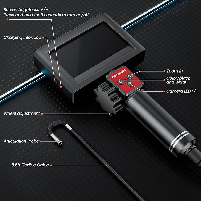 Two-Way Articulating Borescope Camera with Light: Borescope Industrial Endoscope Camera - Flexible Waterproof Inspection Bore Scope for Plumbing Automotive Sewer