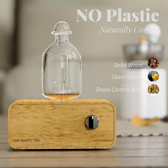 Aria Retro Glass Essential Oil Diffuser with Wood Base for Aromatherapy, Waterless Scent Diffuser for Essential Oil, Fragrance Oil, Perfume, Cordless Mini Oil Diffuser with 4 LED & Timer, Ideal Gift