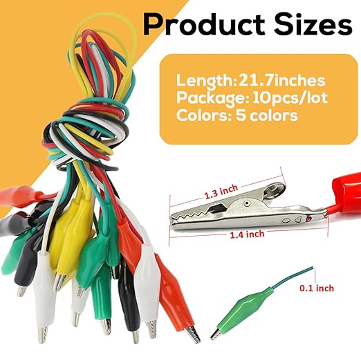 10PCS Premium Alligator Clips Electrical, 5 Colors Test Leads with Testing Probes, Crocodile Jumper Wires Cable with Alligator Clips for Electrical Testing, Circuit Connection, Electronic Experiments