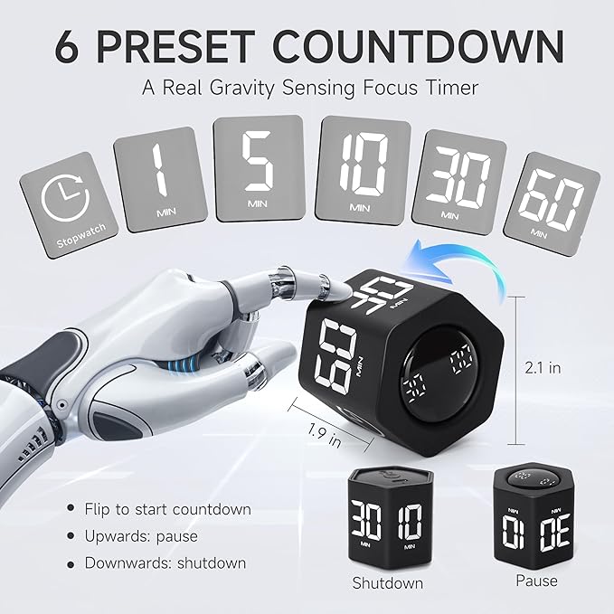 Productivity Timer 1, 5, 10, 30, 60 Minutes Preset, Desk Cube Timer with Gravity Sensor/Mute/Vibration for ADHD, Work, Study, Kitchen, Back to School (1, Black)