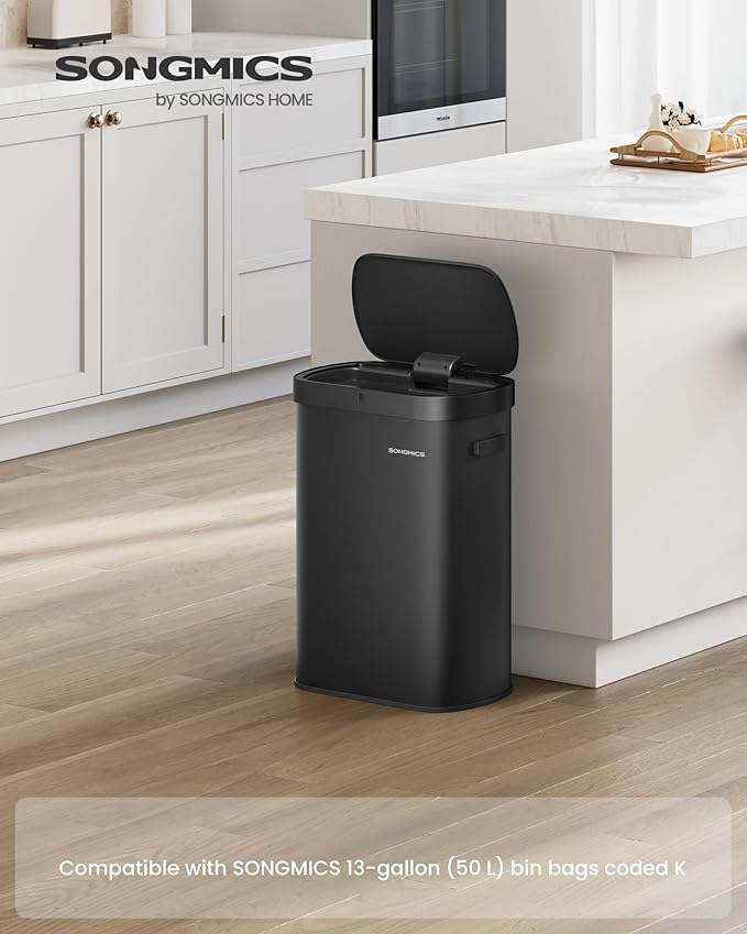 SONGMICS Motion Sensor Trash Can, 13-Gallon (50 L) Automatic Garbage Can with Soft Close Lid, Stainless Steel, Wave or Touch to Open, Includes 15 Bags, Ink Black ULTB640B01