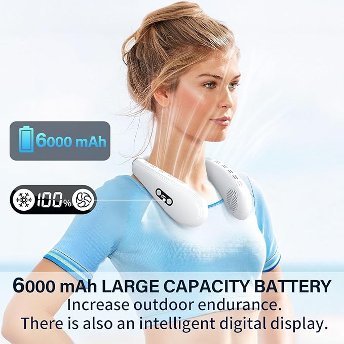 PluvoFan Neck Fan Back-Windy 6000mAh with Cooling Plate Cold Compress Bladeless Portable Thermo-Electric Cooler Rechargeable Holiday Essentials for Women Men Outdoor Camping Gardening Walking(White)