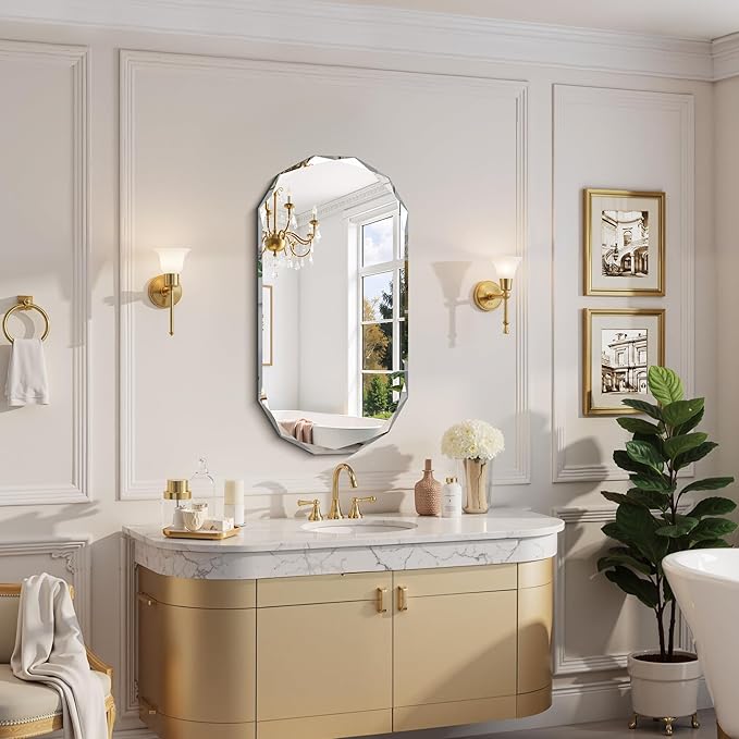 GLASHOM Beveled Edge Frameless Bathroom Mirror, Oval Wall Mirror for Over Sink, 18" x 36" Modern Decorative Vanity Mirror for Bedroom, Living Room, Entryway, Hanging Mirror Horizontal or Vertical