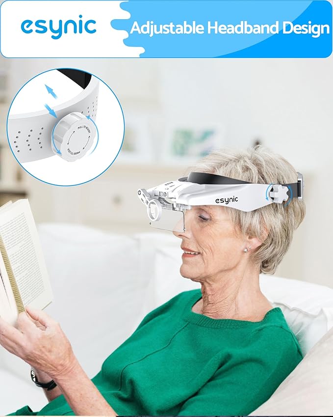 eSynic Head Magnifier with 2 LED Light-1.5X-13X Magnification with 5 Acylic Lens Set & Comfort Fit Design- 2 Level Brightness USB-C Rechargeable Headband, Hands-Free for Jewelry Repair/Reading/Crafts