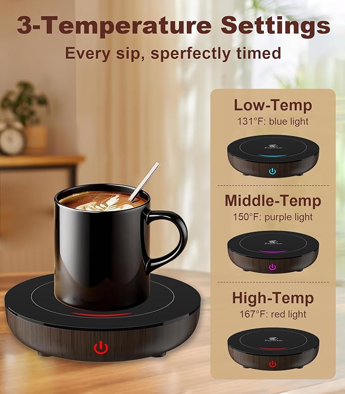 Kepwam Coffee Mug Warmer for Desk, 3-Temp Fast Heating Cup Warmer with 6H Auto Shut Off, LED Light & Smart Candle Warmer for All Beverages, Ideal Gifts for Women Men