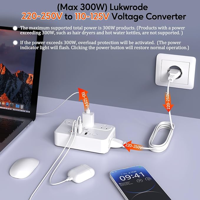 Lukwrode 220V to 110V Voltage Converter Universal Travel Adapter with 35W PD 2 Type C Port 2 USB A Port,US to Europe International Power Converter Combo Plug for Worldwide European US EU AU UK White-W