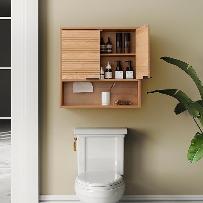 Wall Mounted Bathroom Cabinet with Motion Sensor LED Light & Tissue Dispenser, Modern Oak Medicine Cabinet Over Toilet with Fluted Door, Adjustable Shelf for Skincare & Makeup Storage