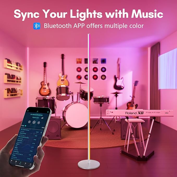 luckystyle Smart RGB Corner Floor Lamp,Bright LED Tall Modern Floor Lamp with APP and Remote,Ambient Lighting Color Changing Standing Lamps with Music Mode and Timing for Living Room,Bedroom Silver