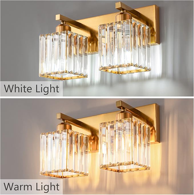 FDPBY Modern Bathroom Vanity Light 2-Lights Gold Crystal Bathroom Wall Light Vanity Light Fixtures，12.59-inch Modern Minimalist Design