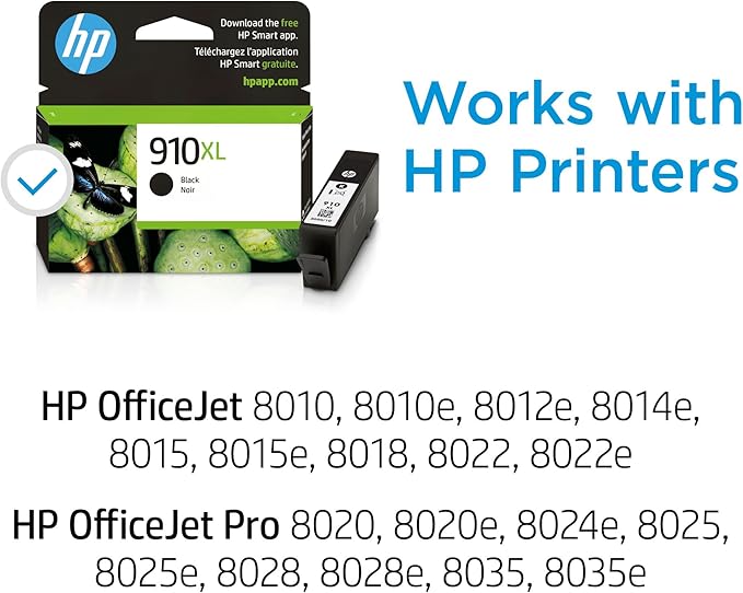 HP 910XL Black High-Yield Ink Cartridge | Works with OfficeJet 8010, 8020 Series, OfficeJet Pro 8020, 8030 Series | Eligible for Instant Ink | 3YL65AN