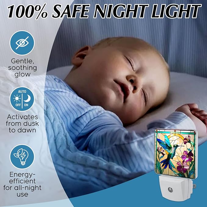 PODMemory Hummingbird Stained Glass Night Lights Plug into Wall for Room, Hummingbird Night Light LED for Bedroom