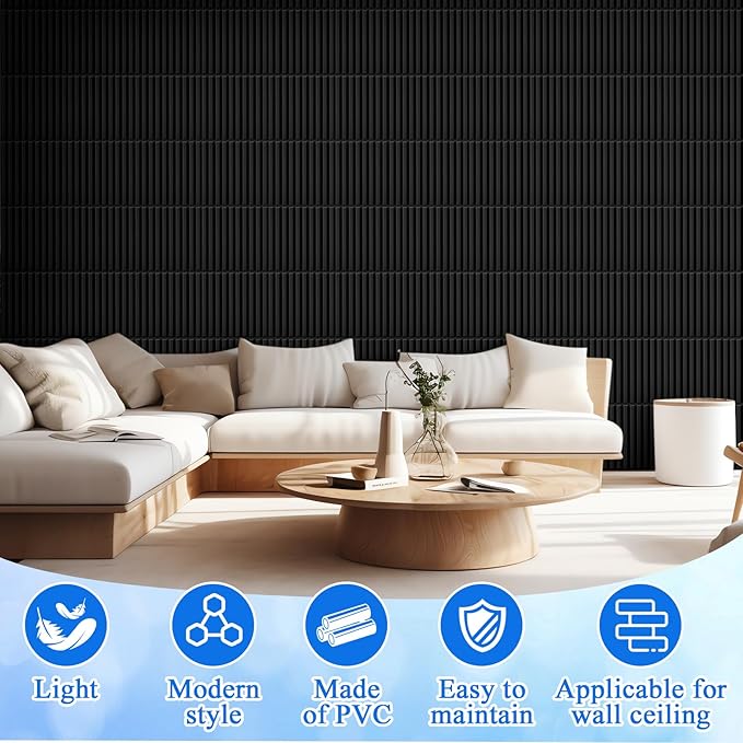 Nuanchu 90 Pcs 3D Slat Wall Panels 12 x 12 Inch PVC Fluted Textured Panel Cuttable Paintable DIY Wall Art Decorative Tiles for Ceiling Studio Bathroom Interior TV Background (Black)