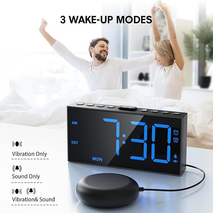 Mesqool Loud Alarm Clock for Heavy Sleeper, with Vibration for Hearing Impaired Deaf, Annoying Clock for Bedroom,USB Port,Dual Alarm with Snooze