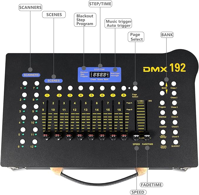 CaalLogt DMX512 Controller Stage DJ Light Console Lighting Mixer Board Console Wireless DMX Transmitter Receivers Set 192 Channels for Party DJ Disco Lights Show Night DJs KTV Bars Moving Heads
