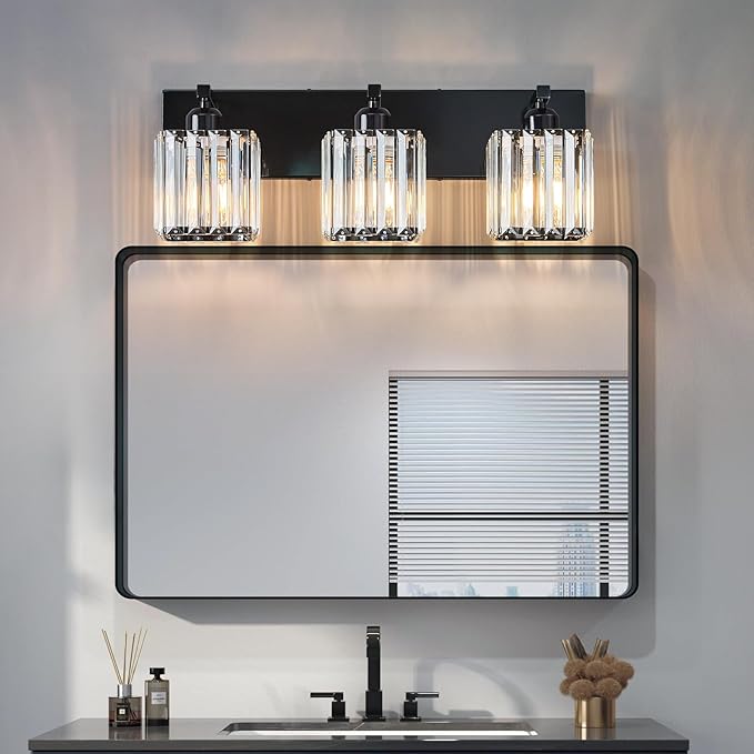 FDPBY Modern Bathroom Vanity Light 3-Lights Plating Black Crystal Bathroom Wall Light Vanity Light Fixtures