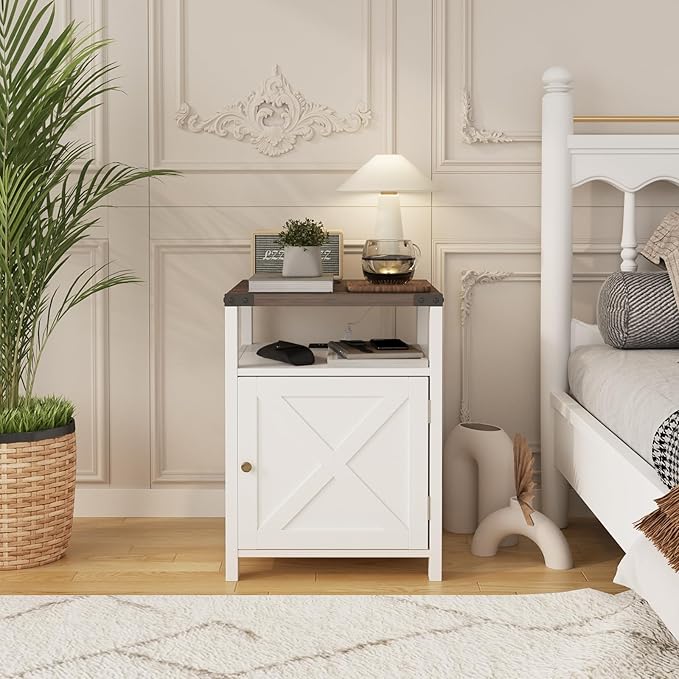 HOSEOKA Farmhouse Nightstand Set of 2 with Charging Station, Rustic End Table Bedroom with Storage Living Room Side Table White Night Stand Industrial Bedside Bed Table with USB Ports and Outlets