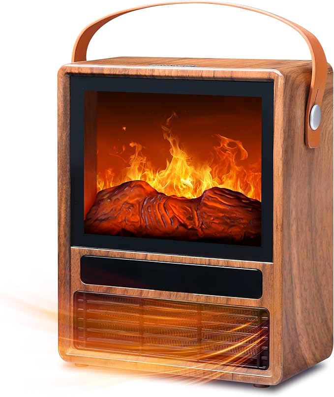 FLAME&SHADE Portable Electric Fireplace Heater for Indoor Use, Fire Place Heaters with 3D LED Flame, Overheat and Tilt Protection, Space Heater Small Fireplace for Home Office Decoration, Oak