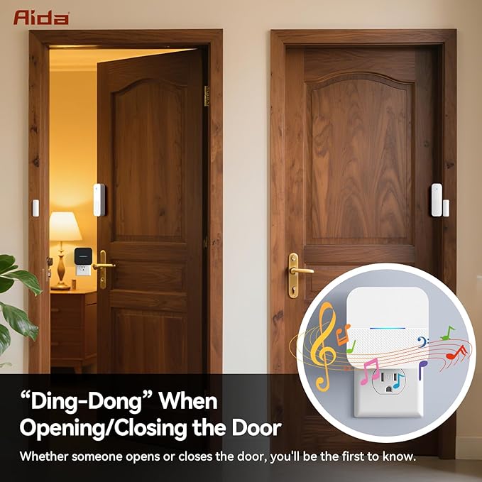 AIDA Door Alarms When Opened Wireless Ring Chime Sensor Alarm for Business/Home/Kids - 600ft Range, 58 Ringtones, 5 Volume Levels, Open Alert, Easy Install (1 Receiver + 2 Sensor)