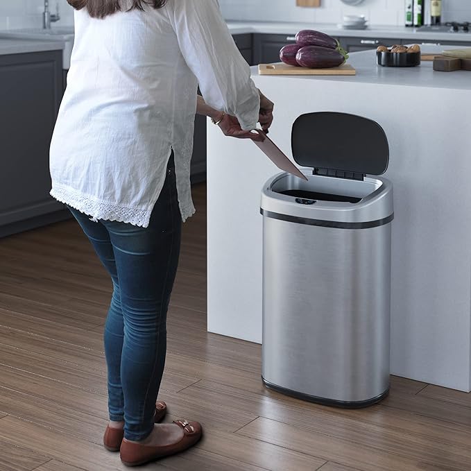 iTouchless 13 Gallon Sensor Kitchen Trash Can with Lid and Odor Filter, Stainless Steel Oval Automatic Trashcan for Home Office Bedroom Living Room Garage Large Capacity Slim Space-Saving Trash Bin