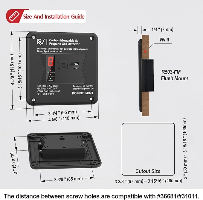 RV Carbon Monoxide and Propane Detector, Replace The Old RV Gas Detector #31011,2 in 1 Dual CO/LP Gas Alarm,100dB Loud Alarm,12V DC for Motorhome Travel Trailer, Motor Coach (R503 Flush Mount-Black)