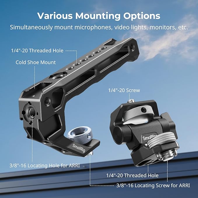 SMALLRIG Top Handle with Monitor Mount Kit, with 3/8"-16 Locating Holes for ARRI, 1/4"-20 Threaded Hole, 5 Built-in Cold Shoe, 360° Swivel and 180° Tilt Adjustable, Anti-Twist Design - 5323