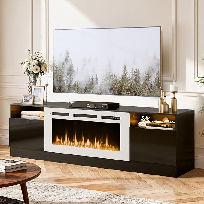 YISUFO 70" TV Stand with 36" Electric Fireplace, Large Modern Media Entertainment Center with Storage Cabinet and 12 Colors LED Lights for TVs Up to 80",Black & White