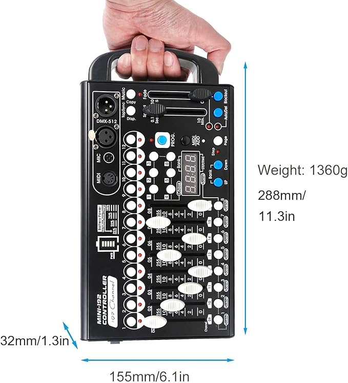 Battery Dmx Controller with Midi, Portable Dmx Controller for Moving Head Lights, Dmx 192 Controller Lighting Console, Dmx512 Controller with Built-in Battery