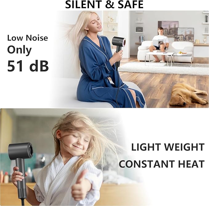 Hair Dryer, High Speed Ionic Blow Dryer, 5X-Fast Drying, 2 Billion Negative Ions, Low Noise,160000 RPM, Compact Blow Dryer with Magnetic Diffuser for Faster Drying All Hair Types(Black Gray)