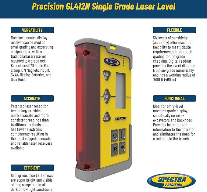 Spectra Precision CR700 Combination Laser Receiver with Rod Clamp and Magnetic Mount – IP67 Waterproof Digital Readout, 5-in Detection, 200° Reception, Radio Capability
