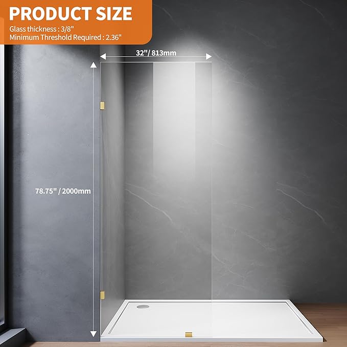 Shower Glass Panel, 32" W x 78.75" H Fixed Shower Screen Panel with 3/8"(10mm) SGCC Ultra Clear Tempered Glass, Frameless Walk in Shower Door with Easy‑Clean Coating (Bright Gold, 32" W x 78.75" H)