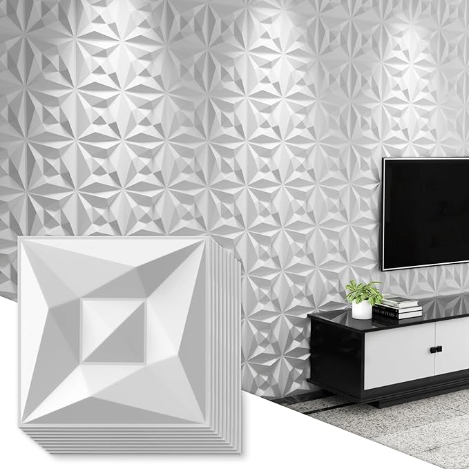 Greymond White PVC 3D Wall Panels, 33 Pack 11.8''x11.8''Geometric Design for Modern Home Decor Upgrade, Textured Tile Decorative & Paintable for Living Room Lobby Bedroom Hotel Office