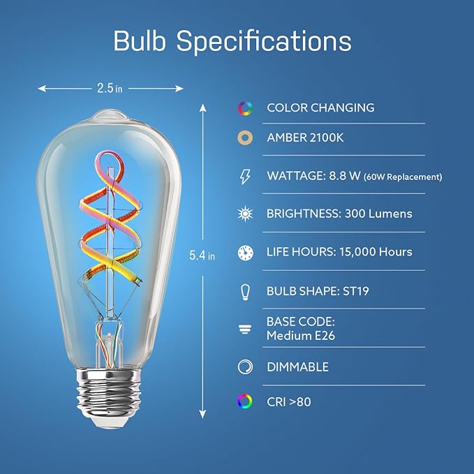 Feit Electric Smart ST21 Light Bulb, 60W Eq, Spiral Filament Edison Style. WiFi - Image 2