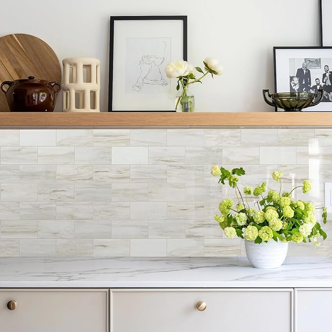 Vamos Tile 4-Piece Glossy Wooden Marble Grain Peel and Stick Backsplash Tile,3''x6'' PVC Subway Tile with White Grout, Stick on Backsplash for Kitchen/Bathroom/Fireplace