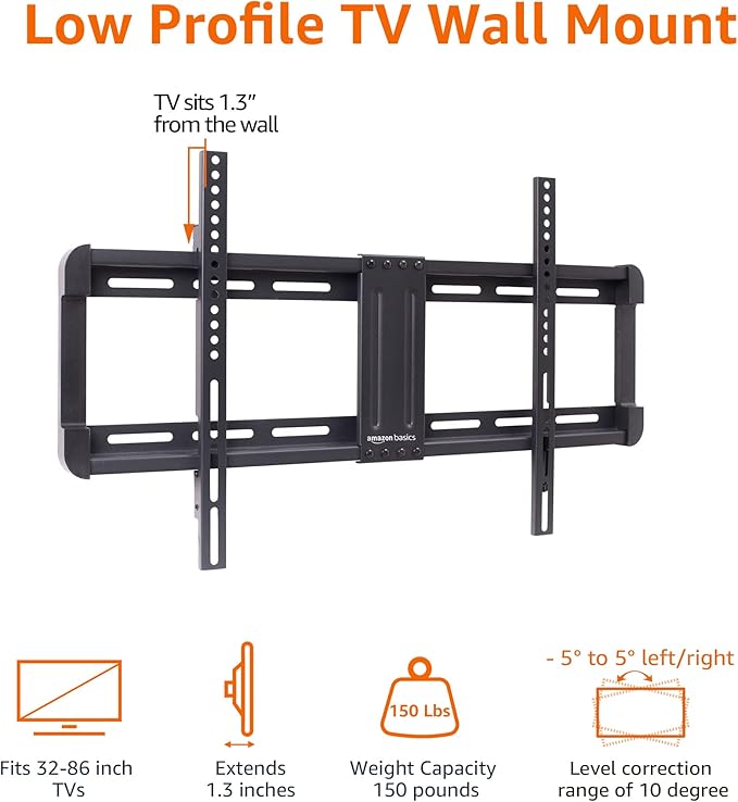 Amazon Basics Low Profile TV Wall Mount with Horizontal Post Installation Leveling for 32 to 86 inch TVs, Black