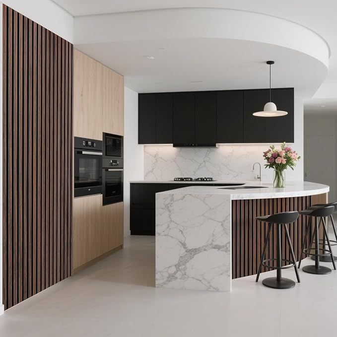 Art3d 2-Pack Acoustic Wood Slat Wall Panel with Roll-Flat Design - 95.3 x 23.8 Inch Sound Absorbing Panels for Living Room Columns Corridor Curved Wall Decor, Walnut