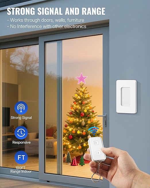 Remote Control Outlet, WILAWELS Wireless Light Switch, Expandable Remote Outlet Switch for Light, Lamps, Appliance, 100ft RF Range, FCC Listed (1 Controller + 2 Outlets) W14RC1206